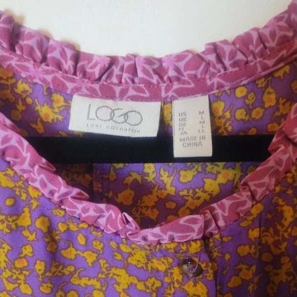 LOGO Lori Goldstein Purple Floral Peasant Button Up Blouse Sz M Boho Oversized - Picture 4 of 8